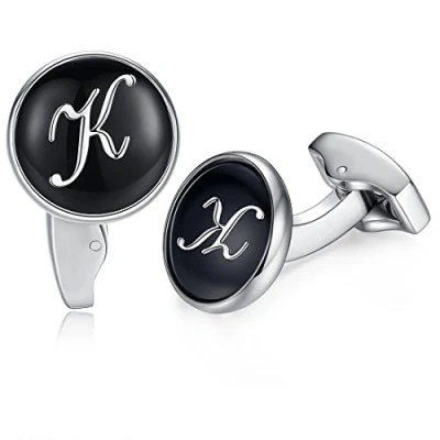 Image of HONEY BEAR Initial Alphabet Letter Cufflinks for Men, Black Round Shape Stainless Steel Wedding Business A Z (P)
