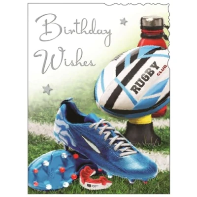 Image of Male Birthday Card General for Men/Boys Sporty Rugby Design Special Finishes and Illustrated Insert Leaf Made in the UK
