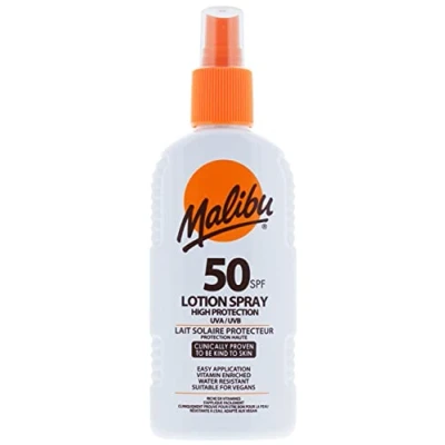 Image of Malibu High Protection Water Resistant Vitamin Enriched SPF 50 Sun Screen Lotion Spray with Shea Butter Extract, 200ml