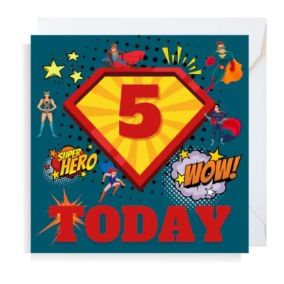 Image of Second Ave Superhero 5th Birthday Age 5 Square Children&#039;s Kids Greeting Card for Boy or Girl