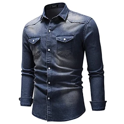 Image of Mens Button Down Denim Shirt Long Sleeve Lapel Jean Casual Slim Fit Washed Shirts with Chest Pockets(Dark Blue,Medium)