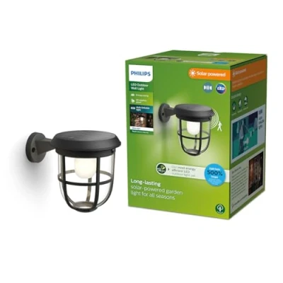 Image of PHILIPS Lighting Radii UltraEfficient Auto linkable Solar Wall Light, 1.3W, 3000K, Black, Motion Sensor, IP44 Weatherproof