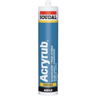 Image of Soudal Acryrub Acrylic Polymer Based Sealant and Filler Paintable Cartridge Extra White 300ml, External/Internal Use, Solvent Free, Colourfast Waterproof After Curing.