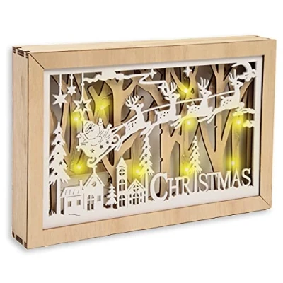 Image of Giftmaker Pre Lit LED Light Wooden Christmas Scene Santa Sleigh Village Xmas Decoration