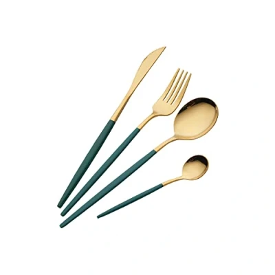 Image of 16 Piece Green and Golden Cutlery Set,Green Handle Knife Fork Spoon Gold Stainless Steel Cutlery,4 Person Dinner Set (Green Gold)