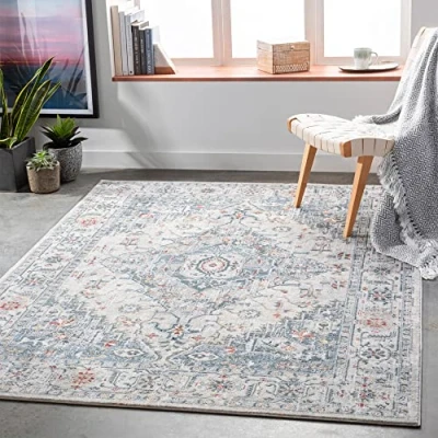 Image of Livabliss London Vintage Rug Area Rugs Living Room 200x274 cm, Dining Floor, Kitchen, Traditional Multicoloured Boho Rug, Easy Care Pile, Bohemian Large Grey and Blue