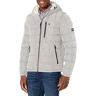 Image of Tommy Hilfiger Men&#039;s Midweight Sherpa Lined Hooded Water Resistant Puffer Jacket, Ice Tech, L