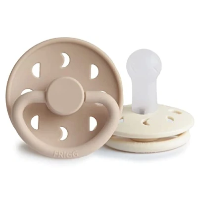 Image of FRIGG Moon Phase Silicone Pacifier Pack of 2 Soother Dummy BPA Free Made in Denmark Symmetrical Cherry Shaped Nipple (Cream/Croissant (6 18 Months))
