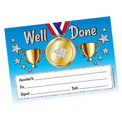 Image of 20 Holographic Sparkly Well Done Trophy Medals Childrens Pupils School Reward Certificates A5 Primary Teaching Services