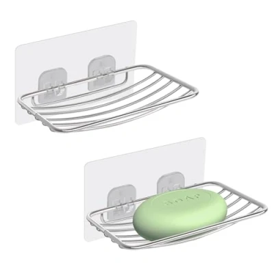 Image of Uten 2 Pcs Strong Self Adhesive Soap Dish, Stainless Steel Holder Wall Mounted Tray No Drilling for Shower Bathroom Kitchen Silver