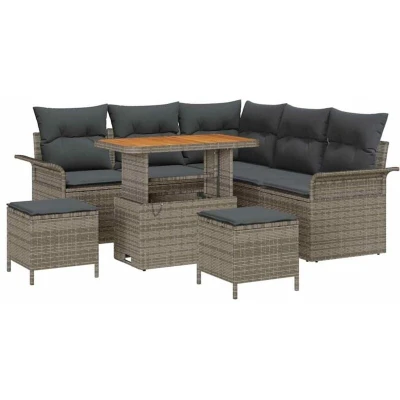 Image of vidaXL 8 Piece Garden Sofa Set with Cushions Grey Poly Rattan Acacia