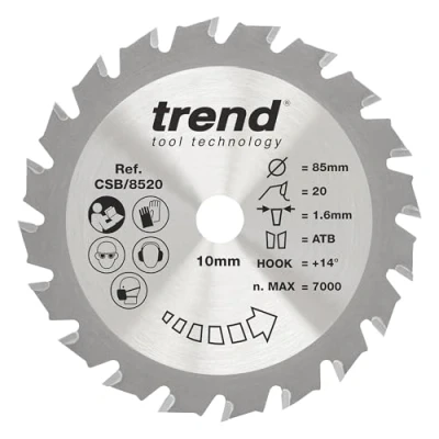 Image of Trend Wood Circular Saw Blade, 85mm Diameter, 10mm Bore, 20 Teeth, TCT, 1.6mm Kerf, +14 Hook, CSB/8520