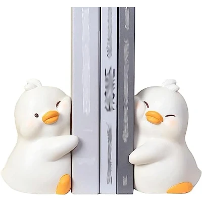 Image of Eivdru Cartoon Duck Bookends, Cute Ducks Hugging Resin Bookends Bookstops, Bookshelf Stopper for Students, Textbooks (White)