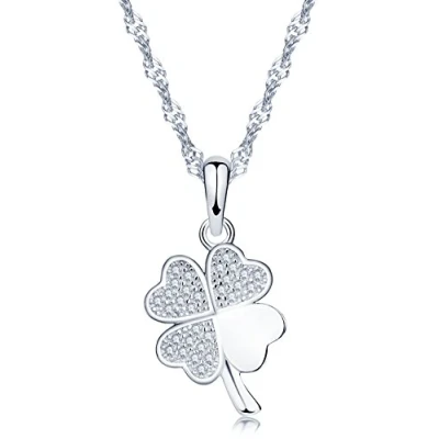 Image of Yumilok Jewelry 925 Sterling Silver Cubic Zirconia Lucky Four Leaf Clover Pendant Necklace for Women/Girls with Box