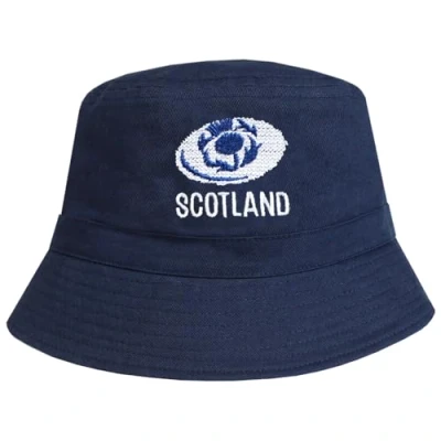 Image of TeddyT&#039;s Men&#039;s Scotland Rugby Ball &amp; Thistle Navy Cotton Bucket Hat (UK, Alpha, S, M, Navy)