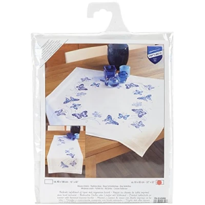 Image of Vervaco Embroidery: Tablecloth: Blue Butterflies, 100% Cotton, Multi Colour, 40 x 2 20 cm