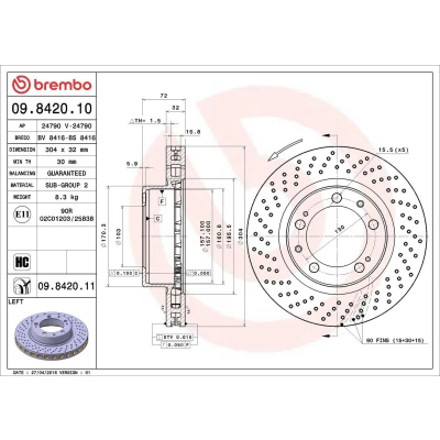 Image of 99335104301 Brake DISC BREMBO Coated LINE 09.8420.11 304mm 32mm 5 perforated/vented High carbon PORSCHE: 911 Convertible, Coupe