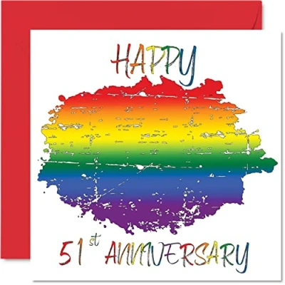 Image of LGBT Gay 61st Anniversary Card for Husband Wife Happy Aniversary 51st Wedding Partner, 145mm x Pride Greeting Cards Fifty First Anniversaries