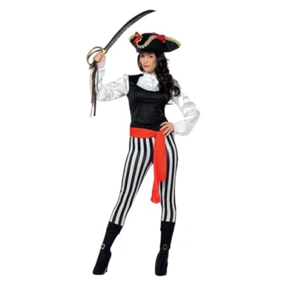Image of Smiffys Pirate Lady Costume, with Top, Black Trousers, Attached Boot Covers, Neck Ruffle &amp; Belt, Fancy Dress, Dress Up Costumes