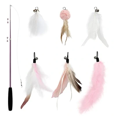 Image of SONGWAY Cat Feather Stick Toy 7 PCS Toys, 1 Teaser Wand with 6 Refills Bell, Interactive for Indoor and Kitten, Pink