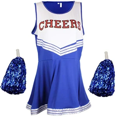 Image of Cheerleader Fancy Dress Outfit Uniform High School Costume With Pom Poms Blue Cheerleader, Large