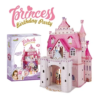 Image of Party Town 3D Princess Birthday Puzzle Dollhouse for Girls, 95 Pieces, 524 Crystal Stickers, Ages 5 and Up