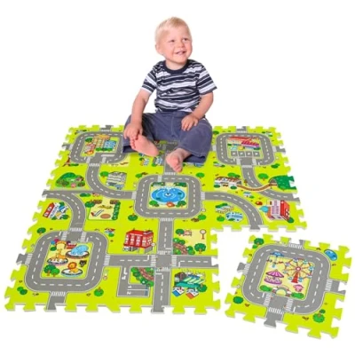Image of LittleTom 9 Pieces Kids Road Play Mat 30x30 Car Mats for Floor Foldable Toy Cars Flexible Track Rubber Carpet Rugs Outdoor