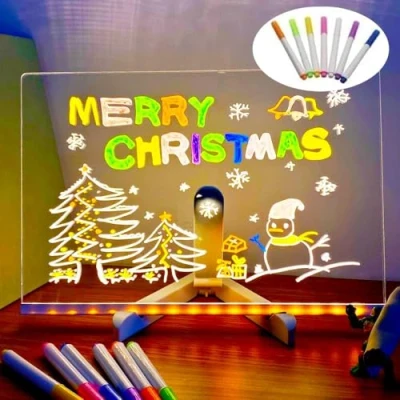 Image of LED Message Board 7 Colors Pen,Acrylic Dry Erase with Light,Glowing Acrylic Note Board,Light up Stand as a Glow Memo Drawing (15 * 15 cm)