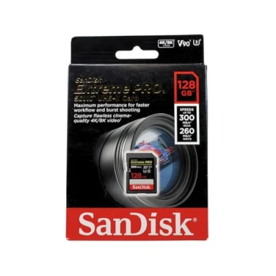 Image of SanDisk 128GB Extreme PRO SDXC Card, SD V90 Memory 8K, 4K and Full HD Video, up to 300 MB/s, Shock, Temperature, Water X Ray Proof, UHS II, Class 10, U3,