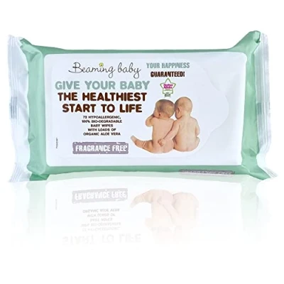 Image of Beaming Baby Certified Organic, 100% Biodegradable Wipes 72 Unscented Wipes. No Plastic, Hypoallergenic with Organic Aloe Vera. Naturally Gentle on Newborn Sensitive Skin. Recyclable Packaging