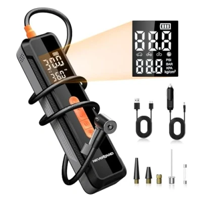 Image of NEVERLAND Tire Inflator Portable Air Compressor 150 PSI Electric Bike Pump with Digital Dual Values Display, Emergency LED Light, Rechargeable Tyre for Car, Motorcycle, Bike, Ball