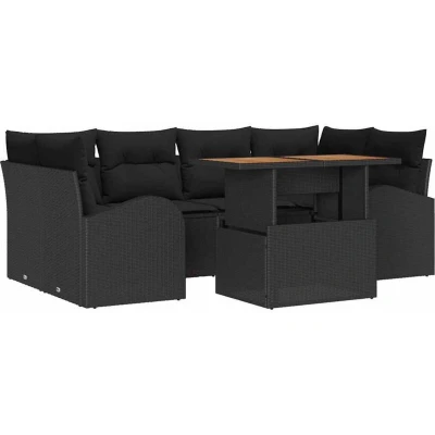 Image of vidaXL 7 Piece Garden Dining Set with Cushions Black Poly Rattan Acacia