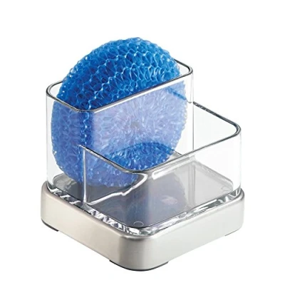 Image of iDesign Forma Sink Caddy, Sponge Holder with 2 Compartments, Made of Plastic and Metal, Clear/Silver Coloured, Small