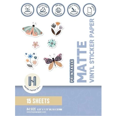 Image of Hayes Paper Co. Printable Vinyl Sticker for Printer A4 Sheets Printing Matte Paper, Waterproof Inkjet in White (15 Sheets)