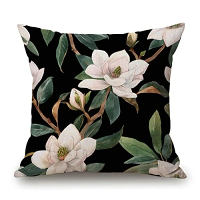 Image of Vintage Floral Black White Green Cotton Linen Square Throw Waist Pillow Case Decorative Cushion Cover Pillowcase Sofa 18&quot;x 18&quot;