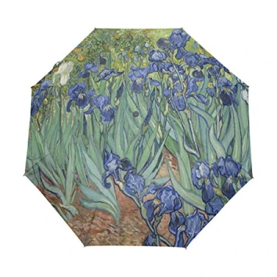 Image of HMZXZ RXYY Watercolor Van Gogh Iris Flower Folds Auto Open Close Umbrella for Women Men Boys Girls Windproof Compact Travel Lightweight Rain