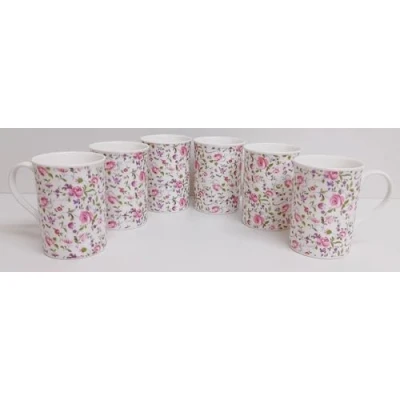 Image of Rainbow Decors Royal Chelsea Mugs Set 6 Fine China Pink &amp; Purple Flowers Floral Windsor Cups Hand Decorated in UK