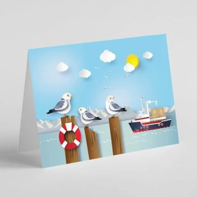 Image of Beebooh Seagulls by the ocean with boat birthday card