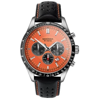 Image of Sekonda Velocity Men’s 45mm Quartz Chronograph Watch in Orange with Analogue Display, and Black Leather Strap 30020