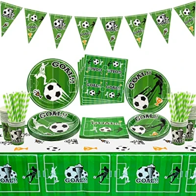 Image of Football Party Supplies Includes Flag, Plates, Napkins, Cups, Tablecloth and Paper Straws for Boys Sports Theme Birthday Decorations, Serves 20 Guests