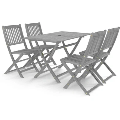 Image of vidaXL 5 Piece Solid Acacia Wood Garden Dining Set easy clean Outdoor Folding Table Chair Grey Patio Furniture