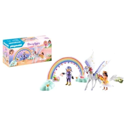 Image of Playmobil 71361 Princess Magic: Pegasus with Rainbow in the Clouds, enchanting set tools for grooming and feeding Pegasus, fun imaginative role play, playsets suitable children ages 4+