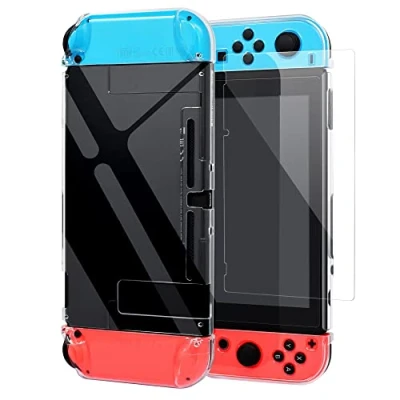 Image of Dockable Protective Cover Case with Screen Protector Compatible Nintendo Switch, YUANHOT Switch Hard Shell and Thumb Grip Caps Accessories, Crystal Plastic Clear
