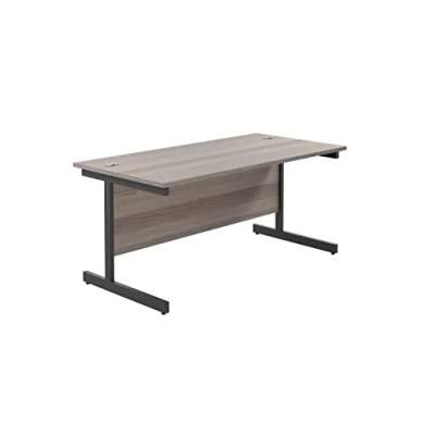 Image of Office Hippo Heavy Duty Rectangular Cantilever Desk, Home Table + Integrated Cable Ports, PC Desk For or Home, 5 Yr Wty Black Frame/Grey Oak Top, 160cm x 80cm