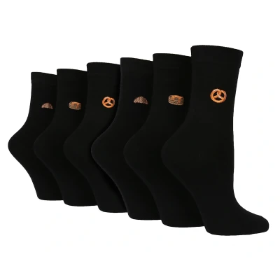 Image of WILDFEET 6 Pair Multipack Ladies Black Novelty Socks Cute Embroidered Crew Cotton (4 8, Pastries)
