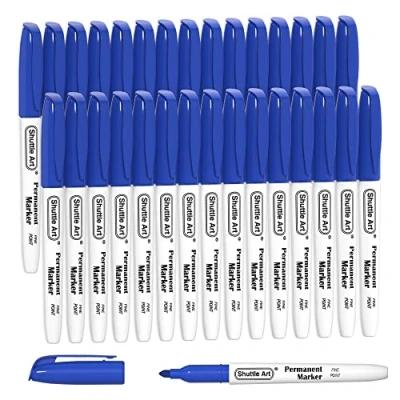 Image of Shuttle Art Blue Permanent Markers, 30 Pack Fine Point Ink Marker Pens, Works on Plastic, Wood, Stone, Metal and Glass for Doodling, Colouring, Marking Office School Supplies