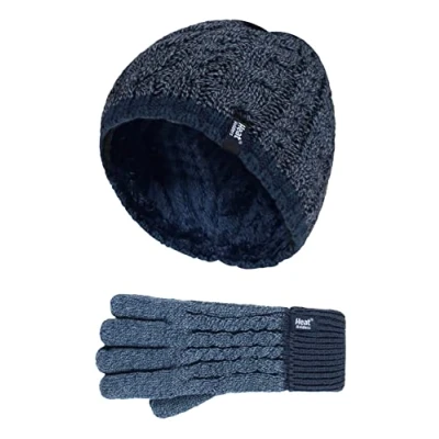 Image of HEAT HOLDERS Boys Kids Cable Knit Warm Fleece Lined Thermal Winter Hat and Gloves Set (7 10 Years, DN1P7)