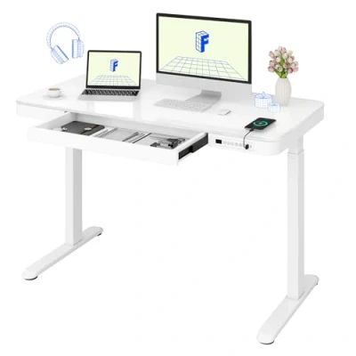 Image of FLEXISPOT Comhar GLASS Electric Standing Desk Home Office Height Adjustable Sit Stand with 120 * 60cm White Top (White Frame+White Top)