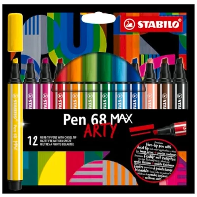 Image of Premium Fibre Tip Pen with Chisel STABILO 68 MAX ARTY Pack of 12 Assorted Colours