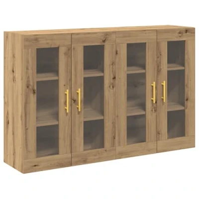 Image of vidaXL Wall Mounted Cabinet Set Artisan Oak Sideboard with Metallic Gold Accents Engineered Wood &amp; Lacquered Finish for Dining or Living Room 4 Doors